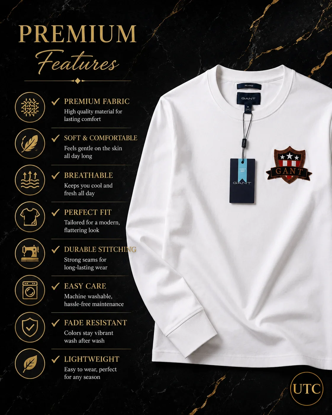 GANT Men's Premium White Long Sleeve T-Shirt ๐ | 100% Soft Cotton Crew Neck | Classic Everyday Luxury - Image 7