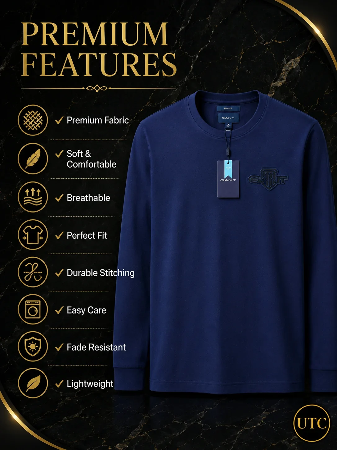 GANT Men's Premium Navy Long Sleeve T-Shirt ๐ | 100% Soft Cotton Crew Neck | Luxury Casual Everyday Wear - Image 6