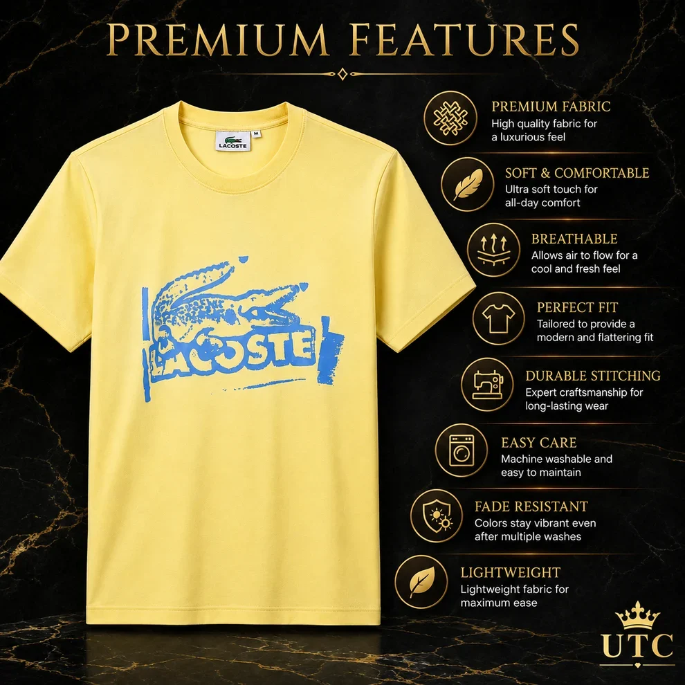 Lacoste Men's Yellow Graphic T-Shirt | Premium Cotton Crew Neck Short Sleeve Tee - Image 5